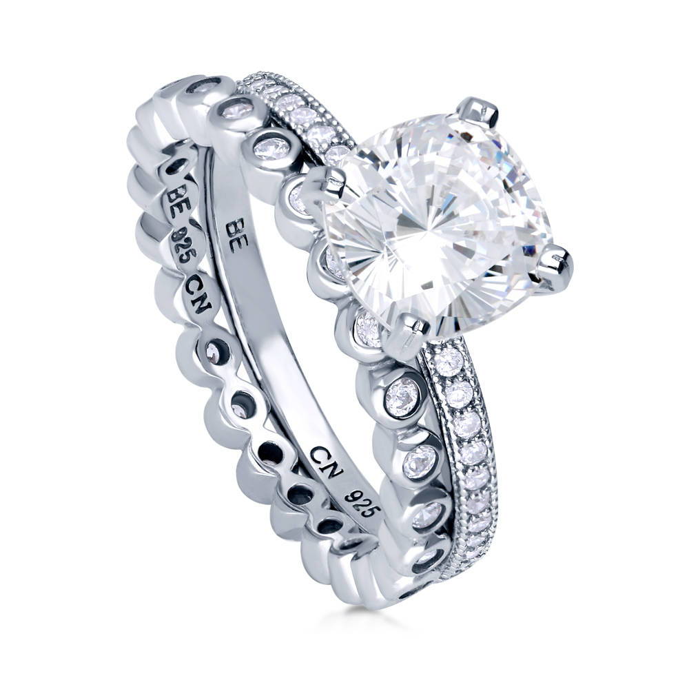 Solitaire 3ct Cushion CZ Ring Set in Sterling Silver