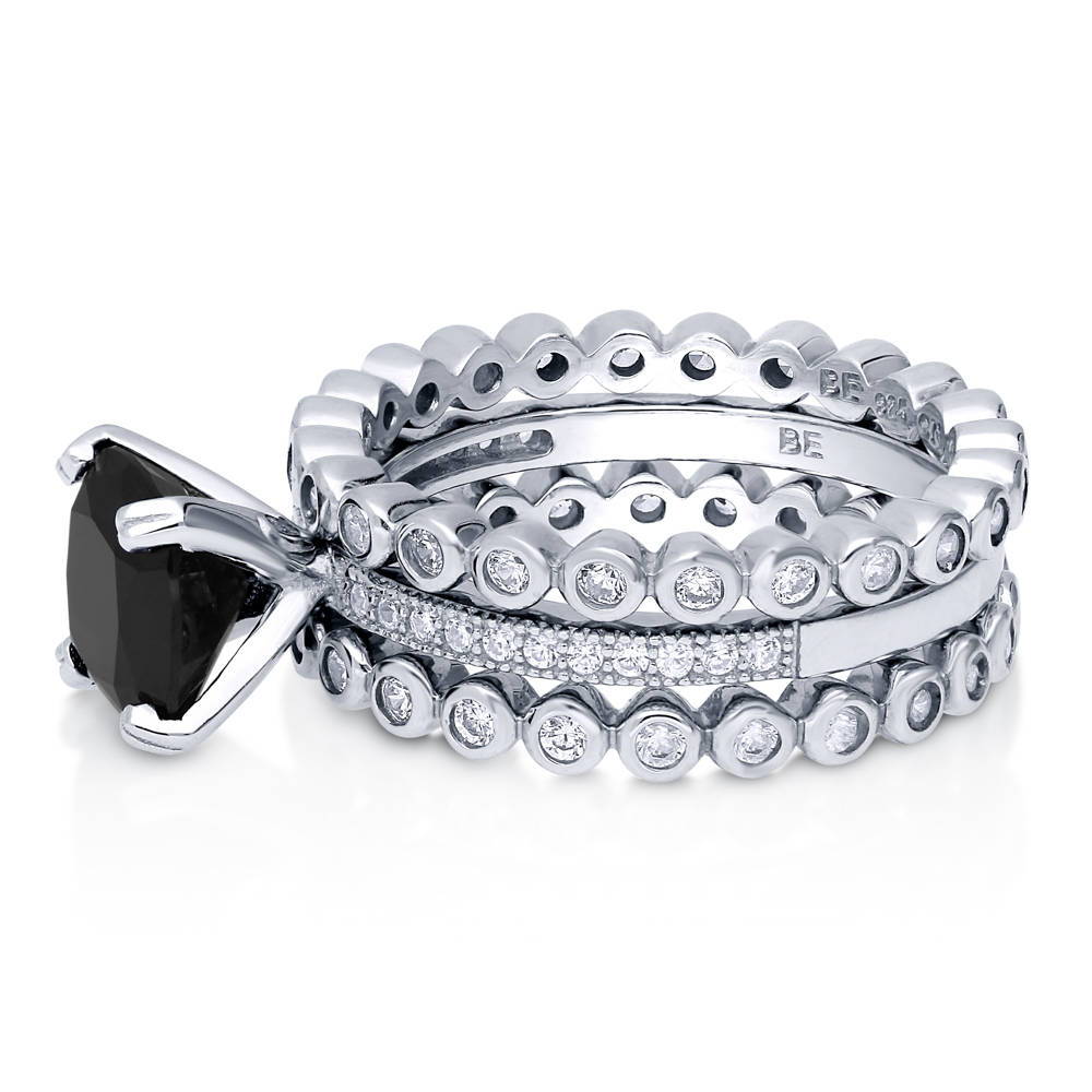 Solitaire 3ct Black Cushion CZ Stackable Ring Set in Sterling Silver