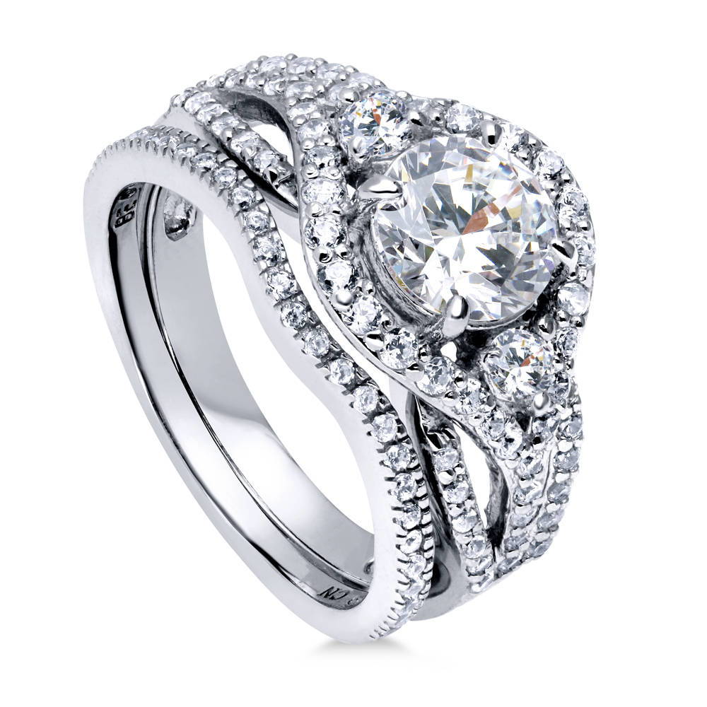 Front view of 3-Stone Round CZ Ring Set in Sterling Silver, 3 of 13