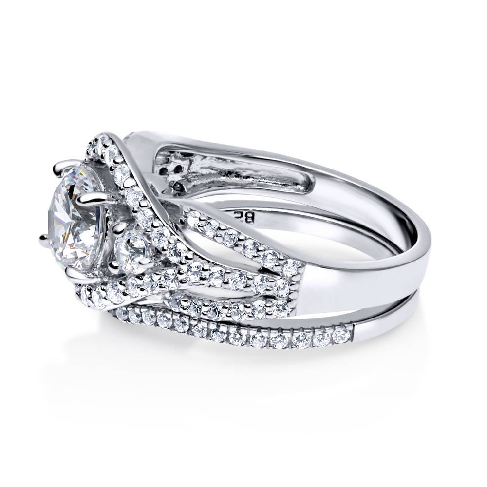 Silver 3-Stone Wishbone CZ Wedding Engagement Ring Set – BERRICLE