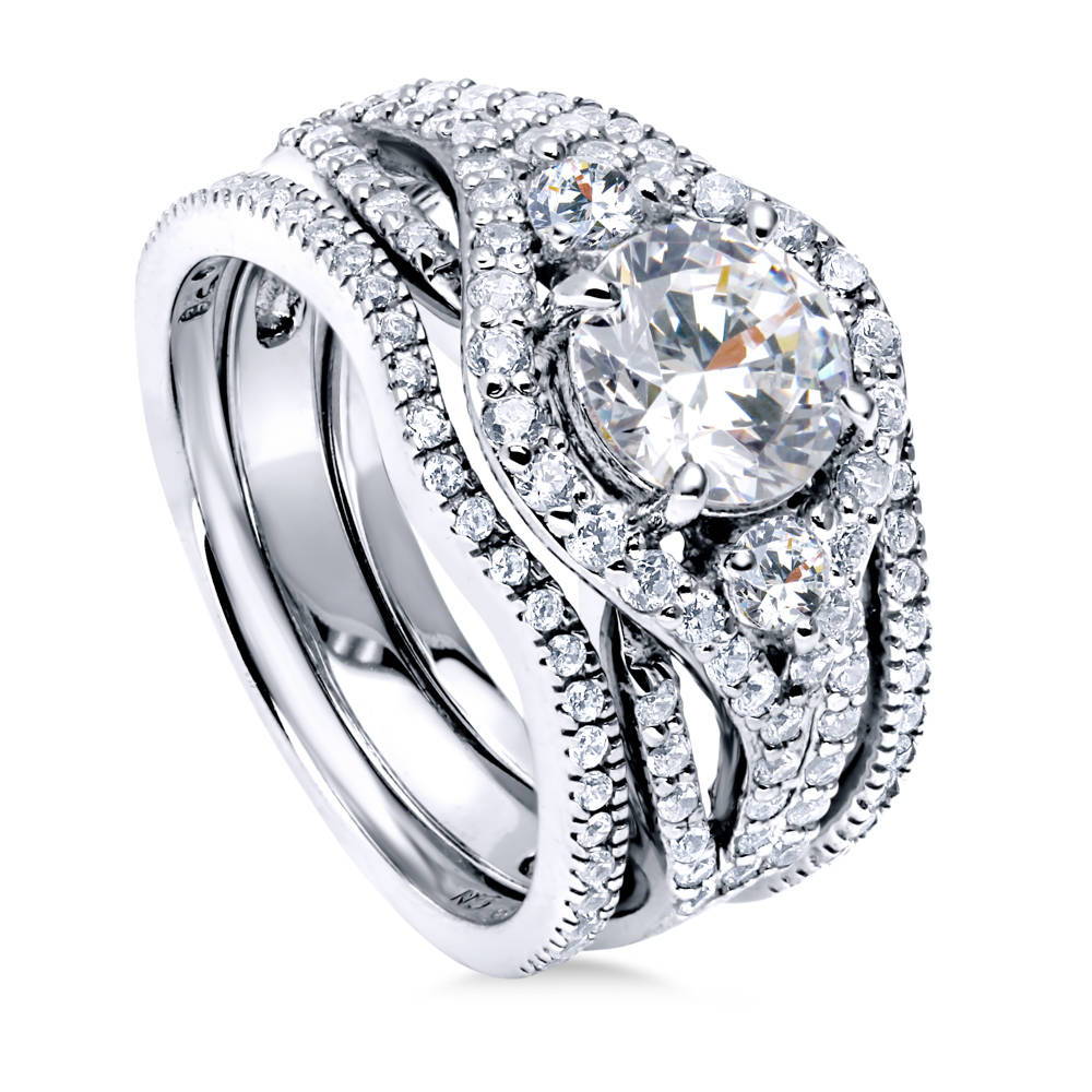 Front view of 3-Stone Round CZ Ring Set in Sterling Silver, 3 of 16