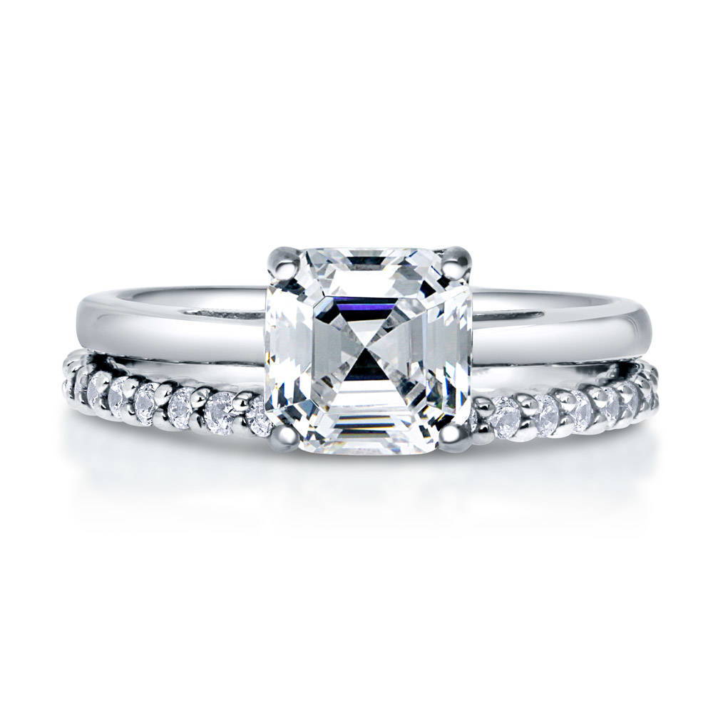 Solitaire 2ct Asscher CZ Ring Set in Sterling Silver, 1 of 13