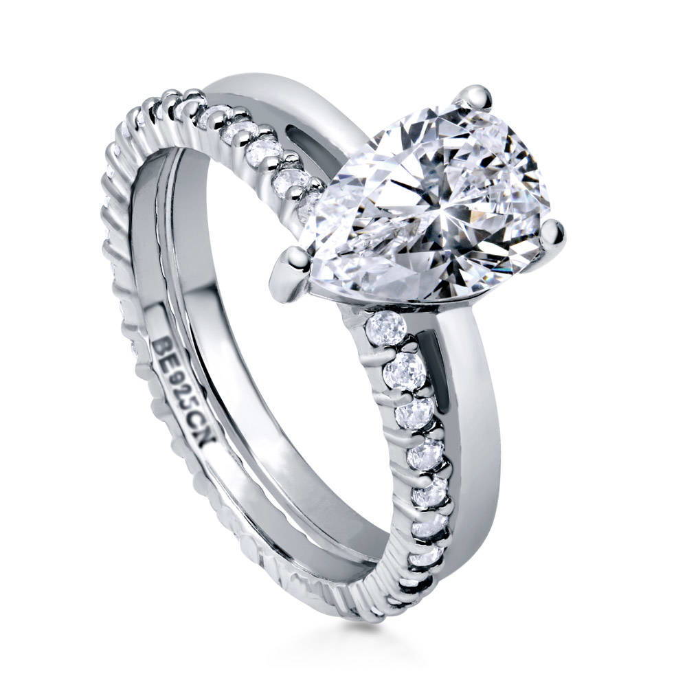 Front view of Solitaire 1.8ct Pear CZ Ring Set in Sterling Silver, 4 of 17