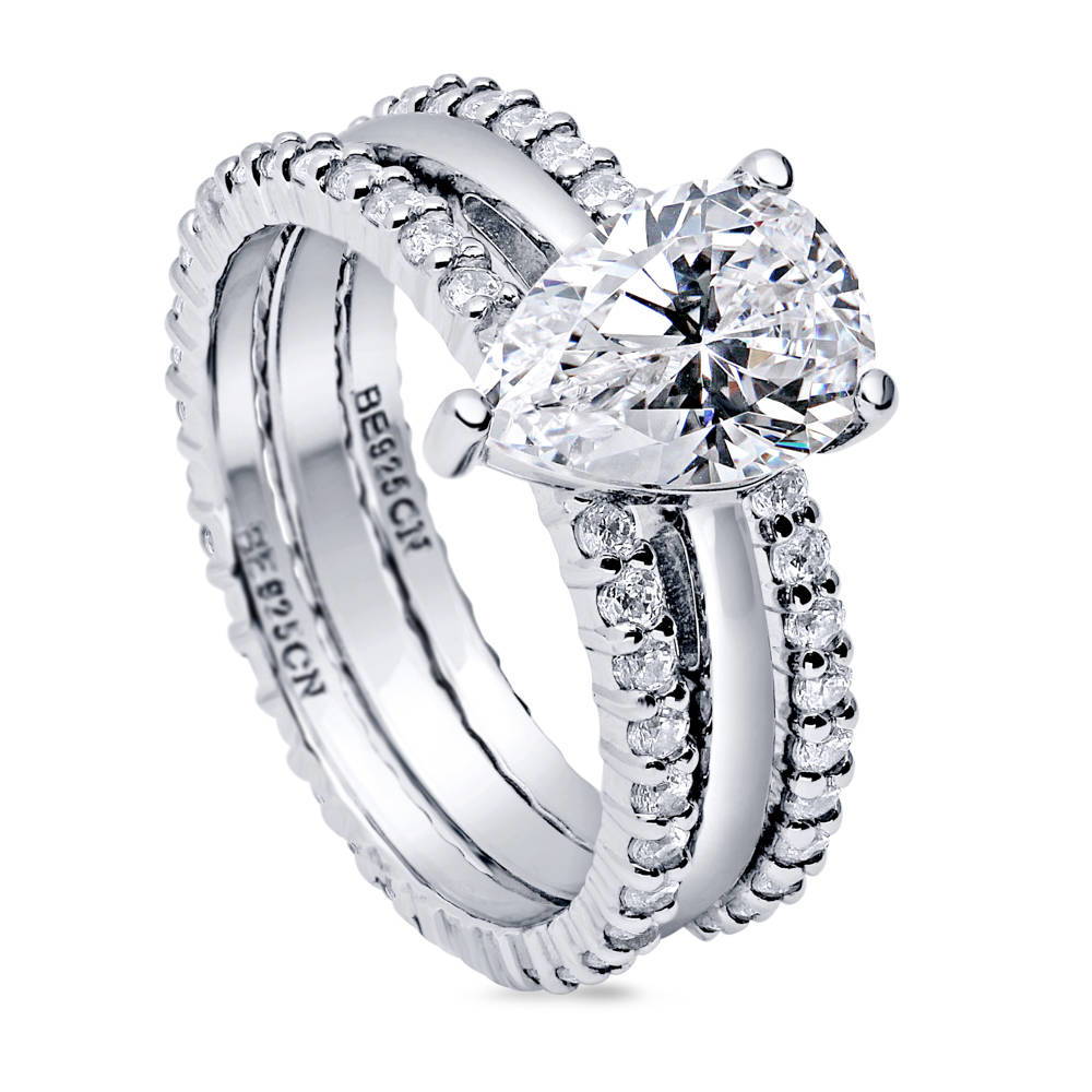 Front view of Solitaire 1.8ct Pear CZ Ring Set in Sterling Silver, 4 of 17