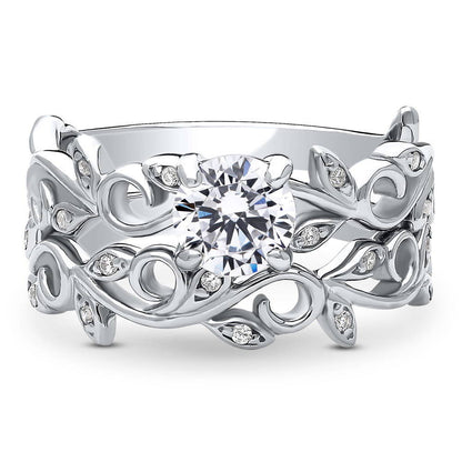 Solitaire Leaf Filigree 0.8ct CZ Ring Set in Sterling Silver