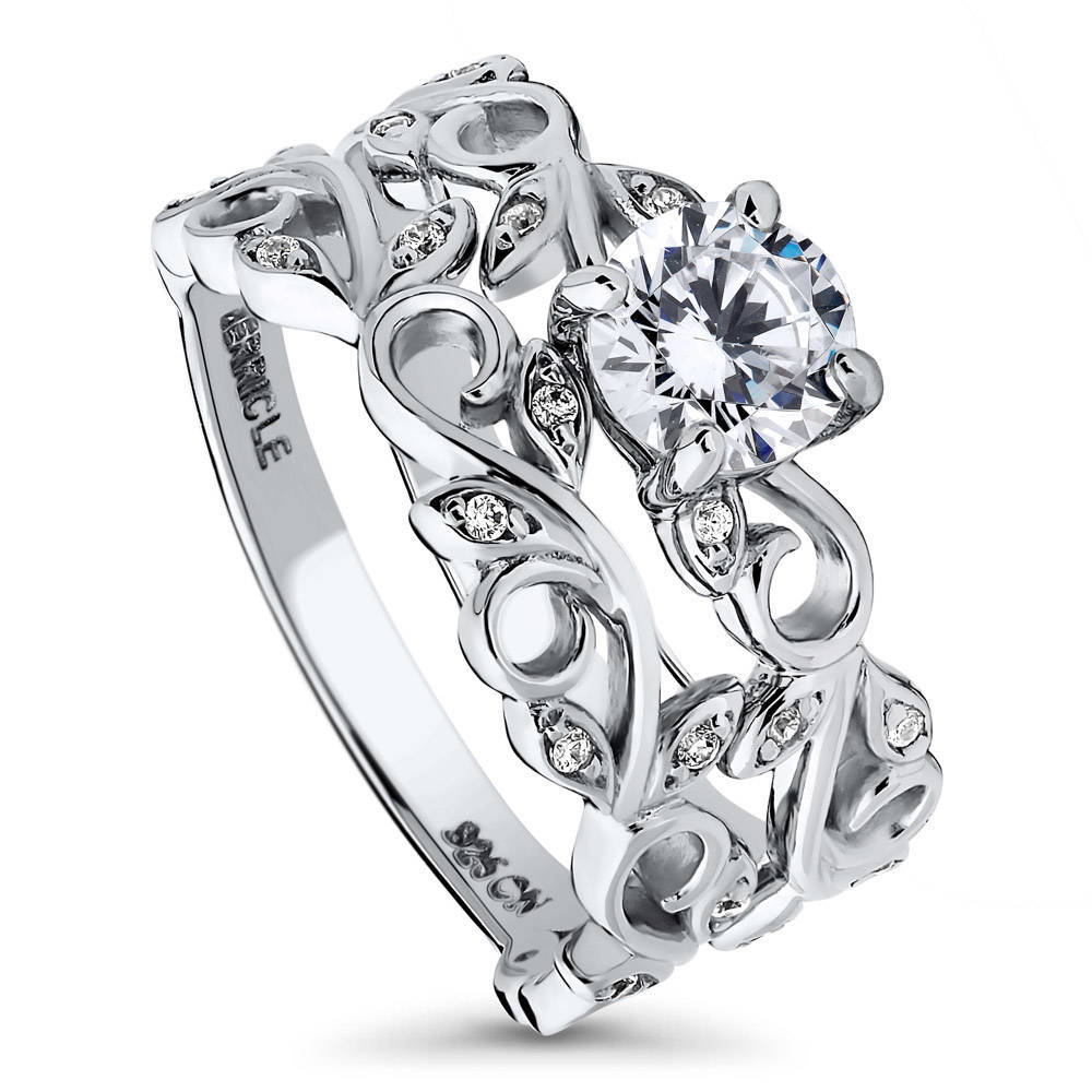 Front view of Leaf Solitaire CZ Ring Set in Sterling Silver, 3 of 9