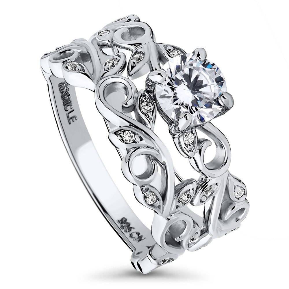 Front view of Solitaire Leaf Filigree 0.8ct CZ Ring Set in Sterling Silver, 4 of 11