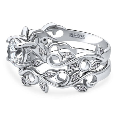 Solitaire Leaf Filigree 0.8ct CZ Ring Set in Sterling Silver