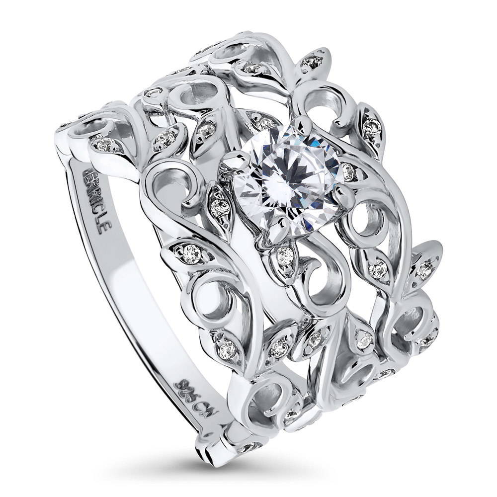 Solitaire Leaf Filigree 0.8ct CZ Ring Set in Sterling Silver