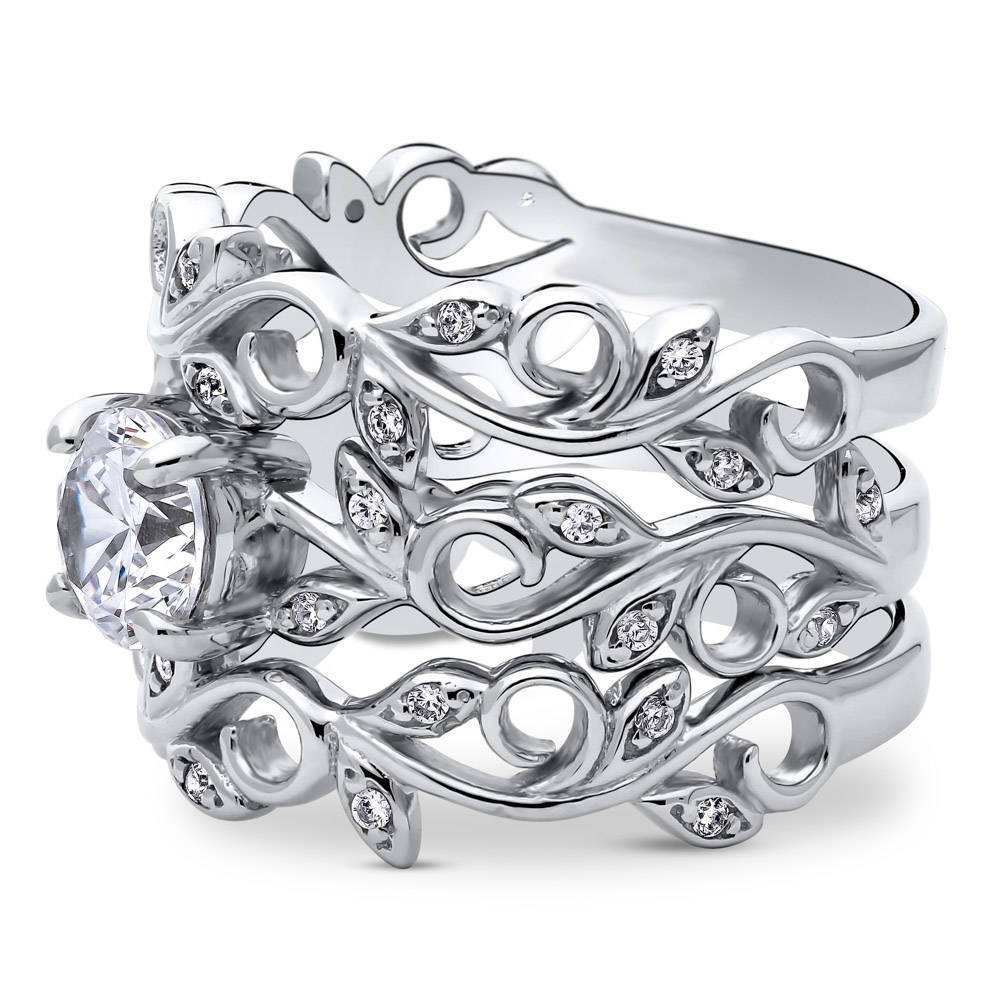 Angle view of Solitaire Leaf Filigree 0.8ct CZ Ring Set in Sterling Silver, 5 of 11
