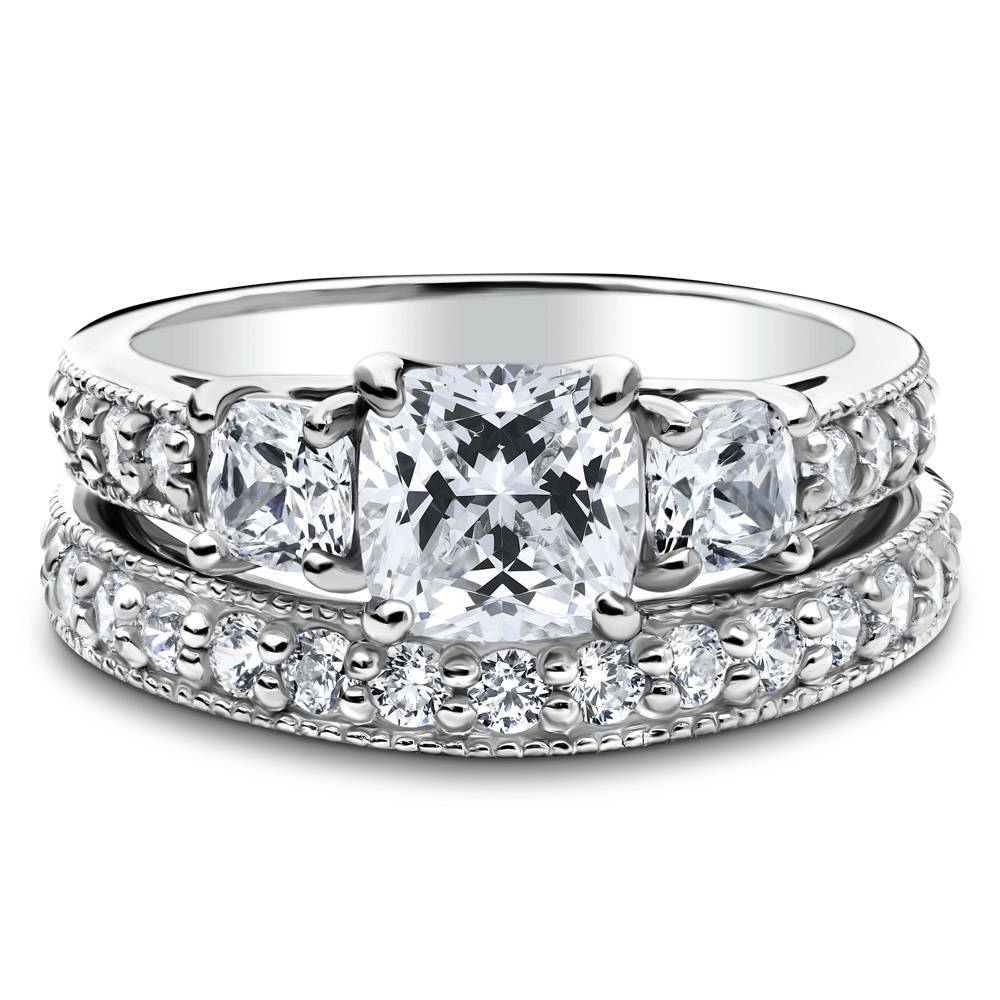 3-Stone Cushion CZ Ring Set in Sterling Silver, 1 of 11