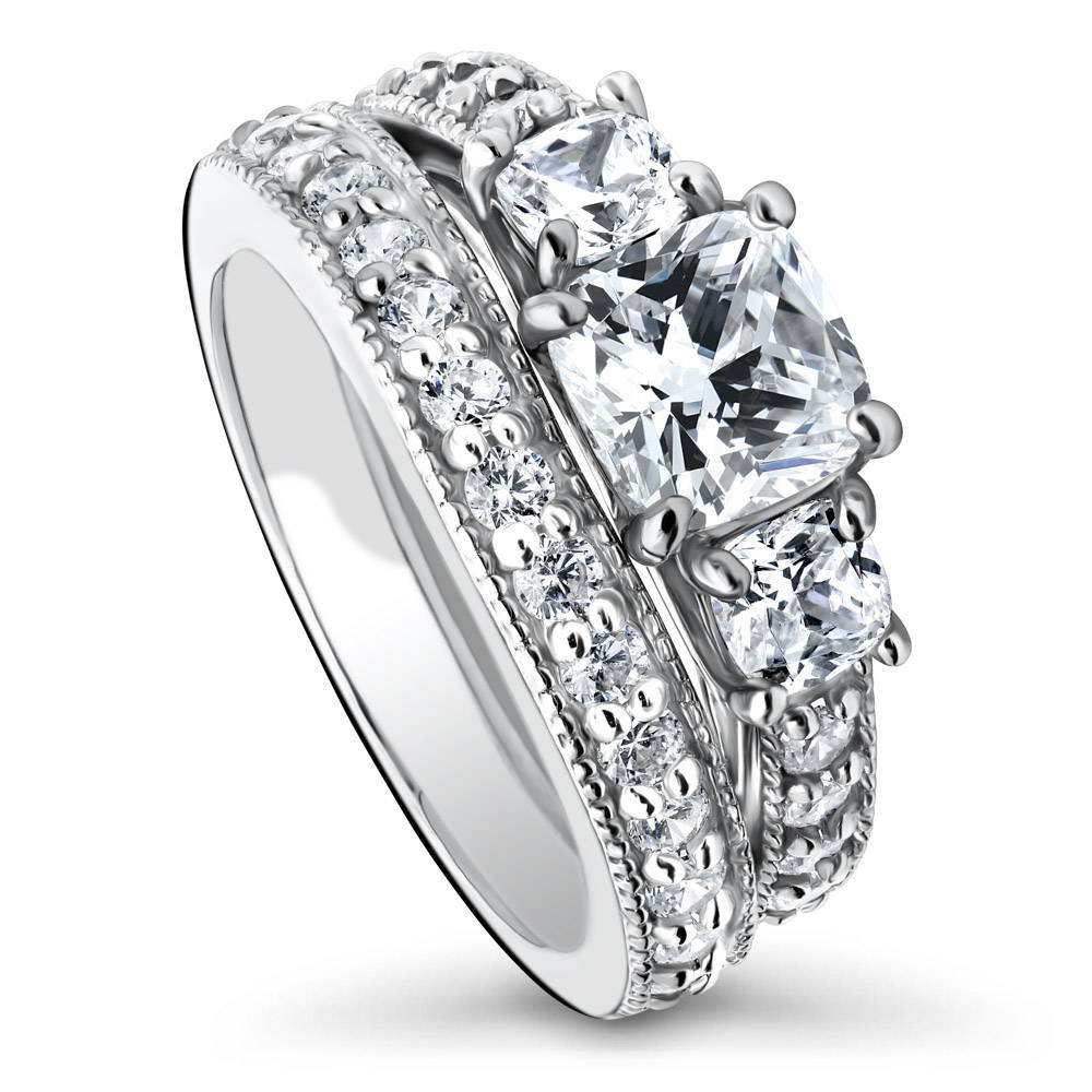 Front view of 3-Stone Cushion CZ Ring Set in Sterling Silver, 3 of 9