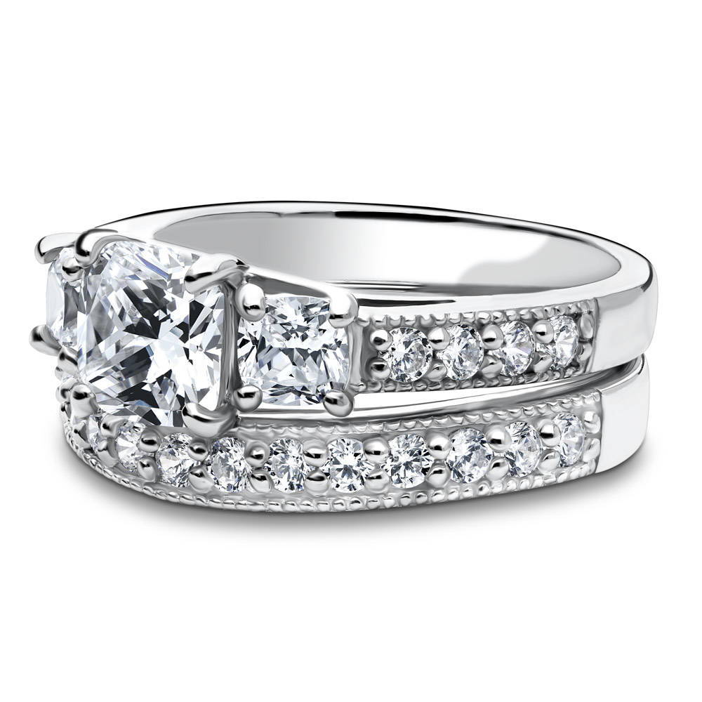 Angle view of 3-Stone 1.5ct Cushion CZ Ring Set in Sterling Silver, 5 of 11