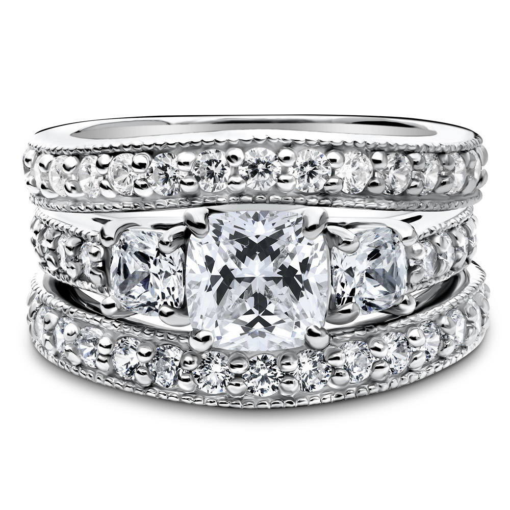 3-Stone Cushion CZ Ring Set in Sterling Silver, 1 of 10