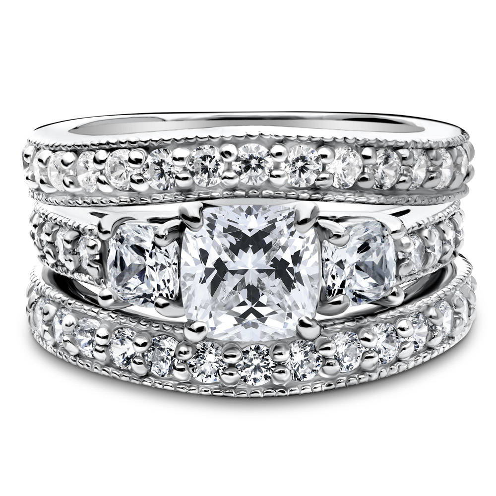 3-Stone 1.5ct Cushion CZ Ring Set in Sterling Silver, 1 of 10