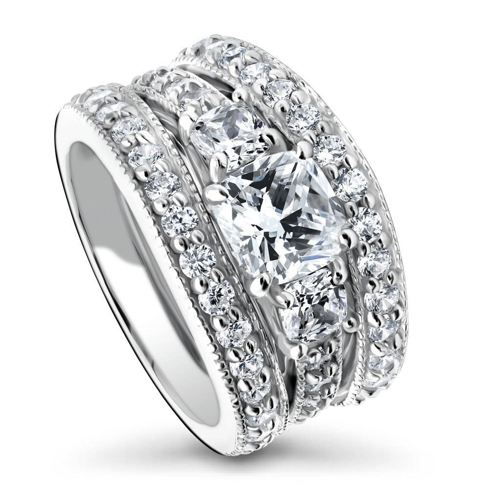 Front view of 3-Stone Cushion CZ Ring Set in Sterling Silver, 3 of 9