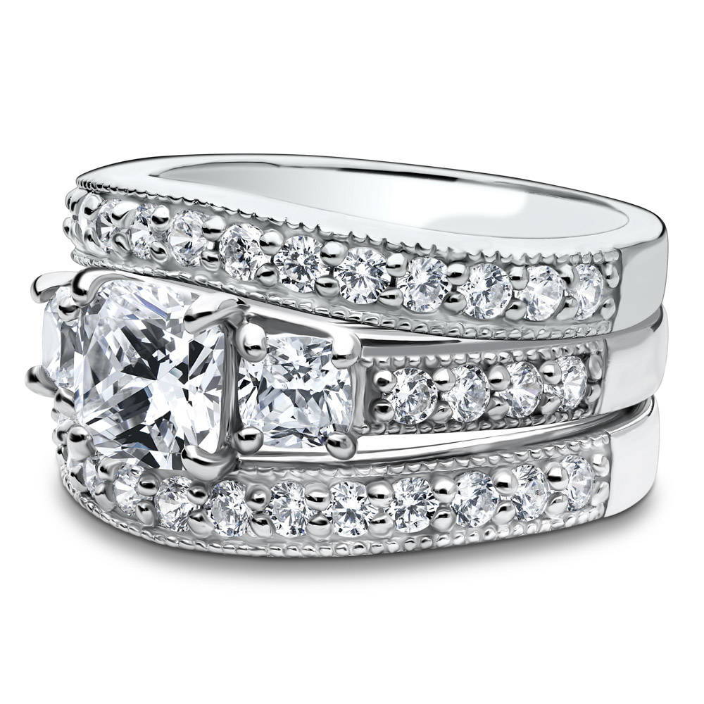 Angle view of 3-Stone Cushion CZ Ring Set in Sterling Silver, 4 of 9