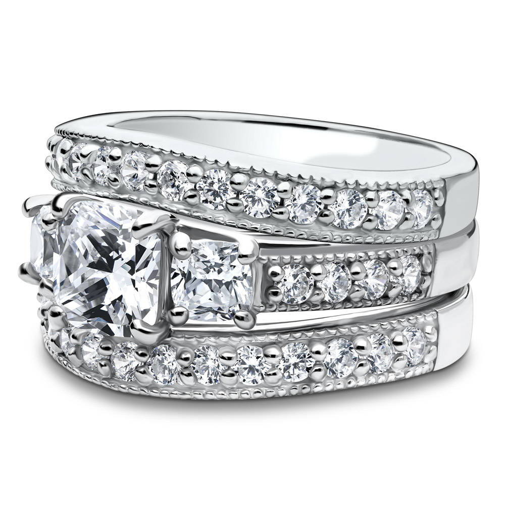 Angle view of 3-Stone 1.5ct Cushion CZ Ring Set in Sterling Silver, 5 of 10