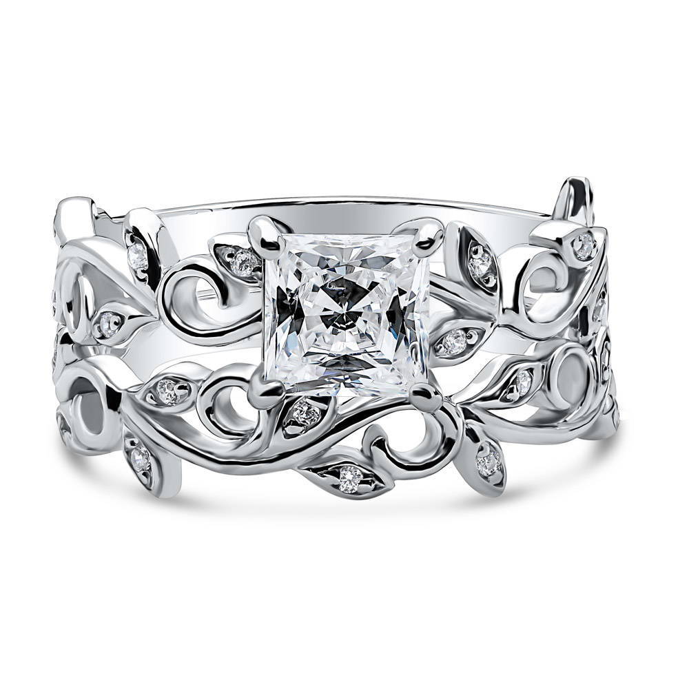 Solitaire Leaf Filigree Princess CZ Ring Set in Sterling Silver, 1 of 12