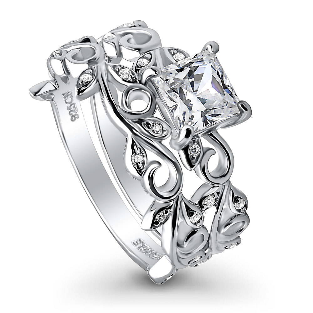 Front view of Leaf Solitaire CZ Ring Set in Sterling Silver, 3 of 10