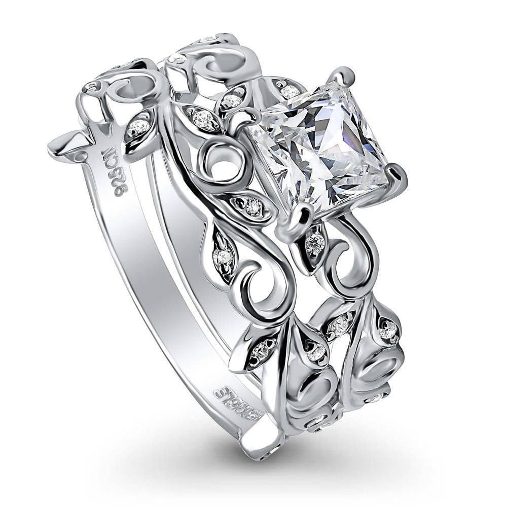 Solitaire Leaf Filigree Princess CZ Ring Set in Sterling Silver