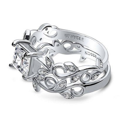 Solitaire Leaf Filigree Princess CZ Ring Set in Sterling Silver