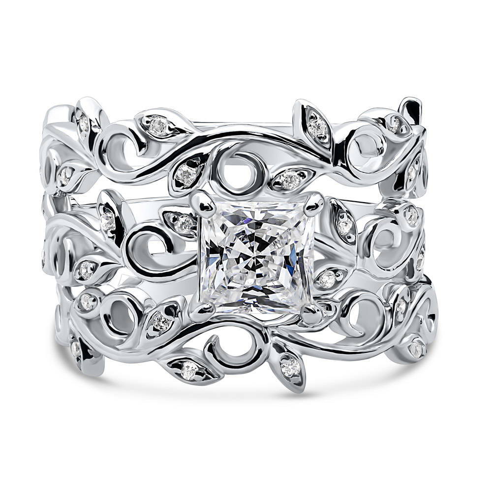 Solitaire Leaf Filigree Princess CZ Ring Set in Sterling Silver