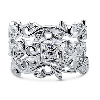 Solitaire Leaf Filigree Princess CZ Ring Set in Sterling Silver