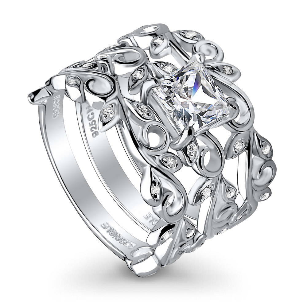 Front view of Leaf Solitaire CZ Ring Set in Sterling Silver, 3 of 11