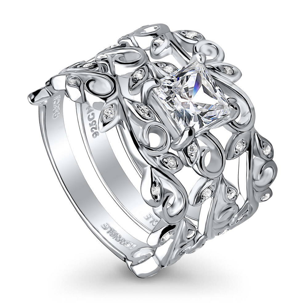 Front view of Solitaire Leaf Filigree Princess CZ Ring Set in Sterling Silver, 4 of 13