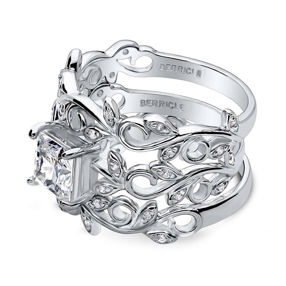 Solitaire Leaf Filigree Princess CZ Ring Set in Sterling Silver