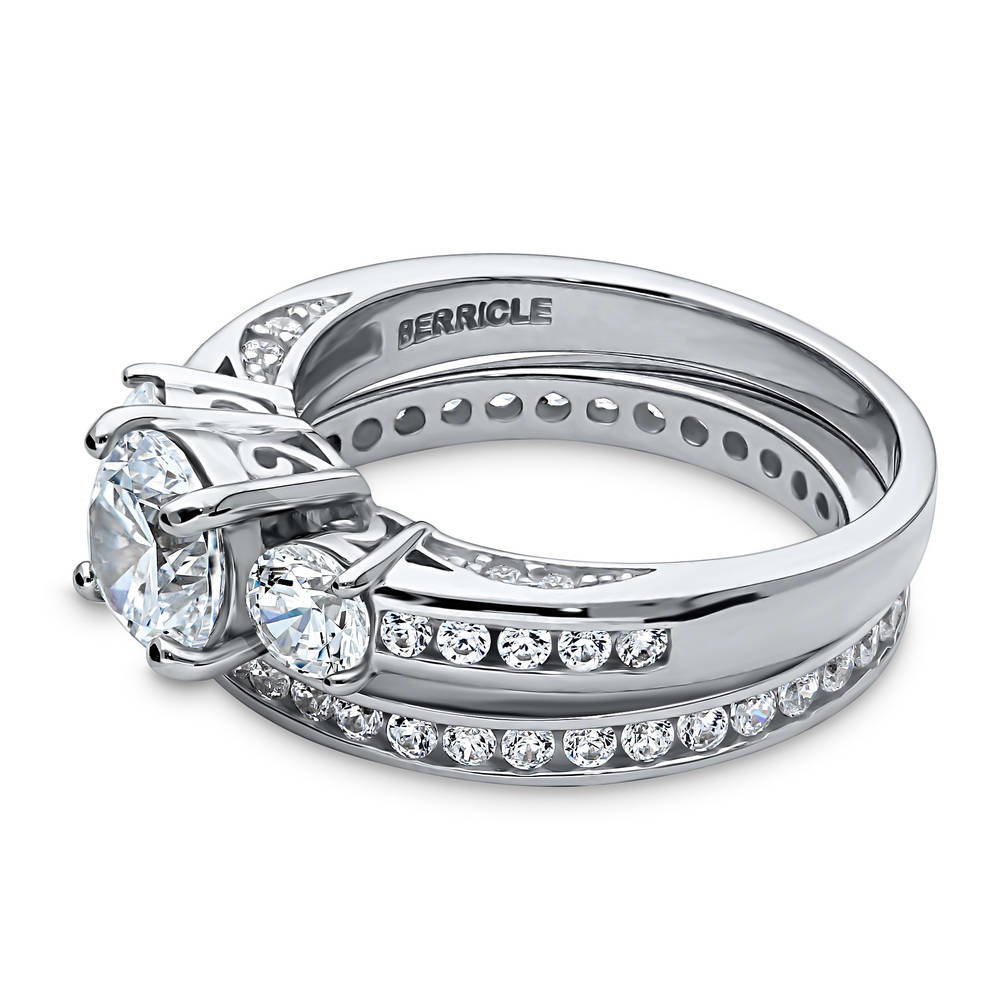 Angle view of 3-Stone 1ct CZ Ring Set in Sterling Silver, 5 of 13