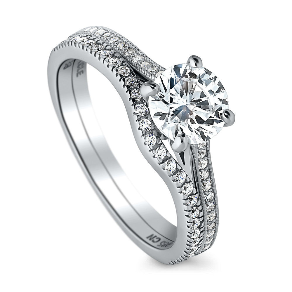 Front view of Solitaire 1ct Round CZ Ring Set in Sterling Silver, 3 of 17