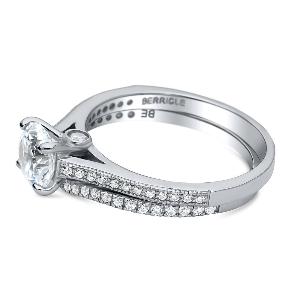 Angle view of Solitaire 1ct Round CZ Ring Set in Sterling Silver, 4 of 17