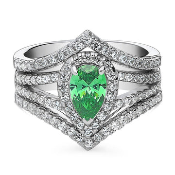 Halo Green Pear CZ Split Shank Ring Set in Sterling Silver