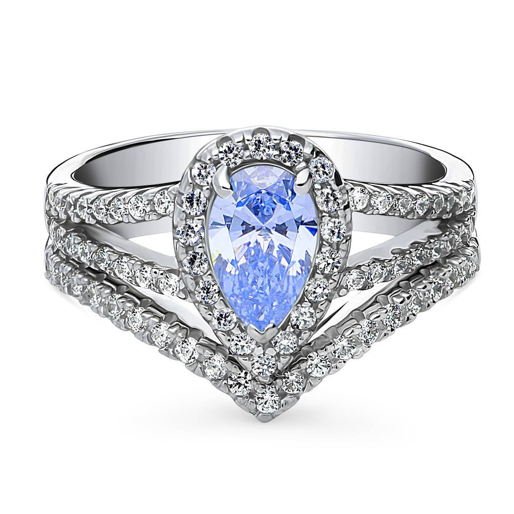 Halo Wishbone Blue CZ Split Shank Ring Set in Sterling Silver, 1 of 12