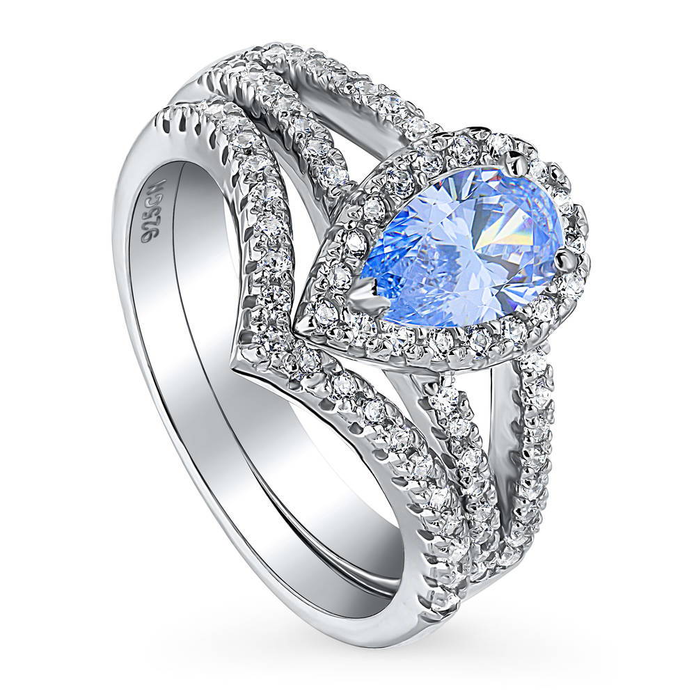 Front view of Halo Blue Pear CZ Split Shank Ring Set in Sterling Silver, 4 of 12