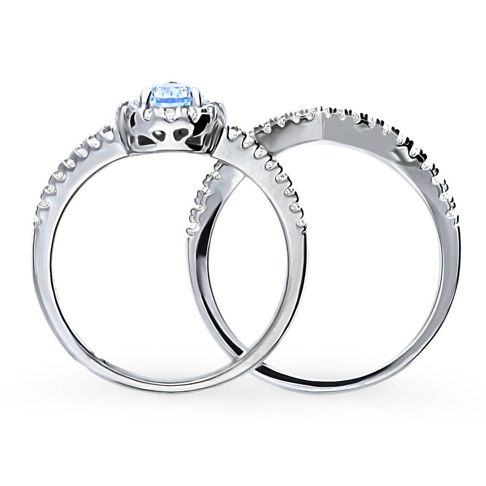 Halo Wishbone Blue CZ Split Shank Ring Set in Sterling Silver