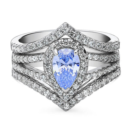 Halo Wishbone Blue CZ Split Shank Ring Set in Sterling Silver