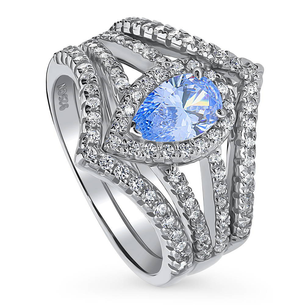 Front view of Halo Blue Pear CZ Split Shank Ring Set in Sterling Silver, 4 of 12