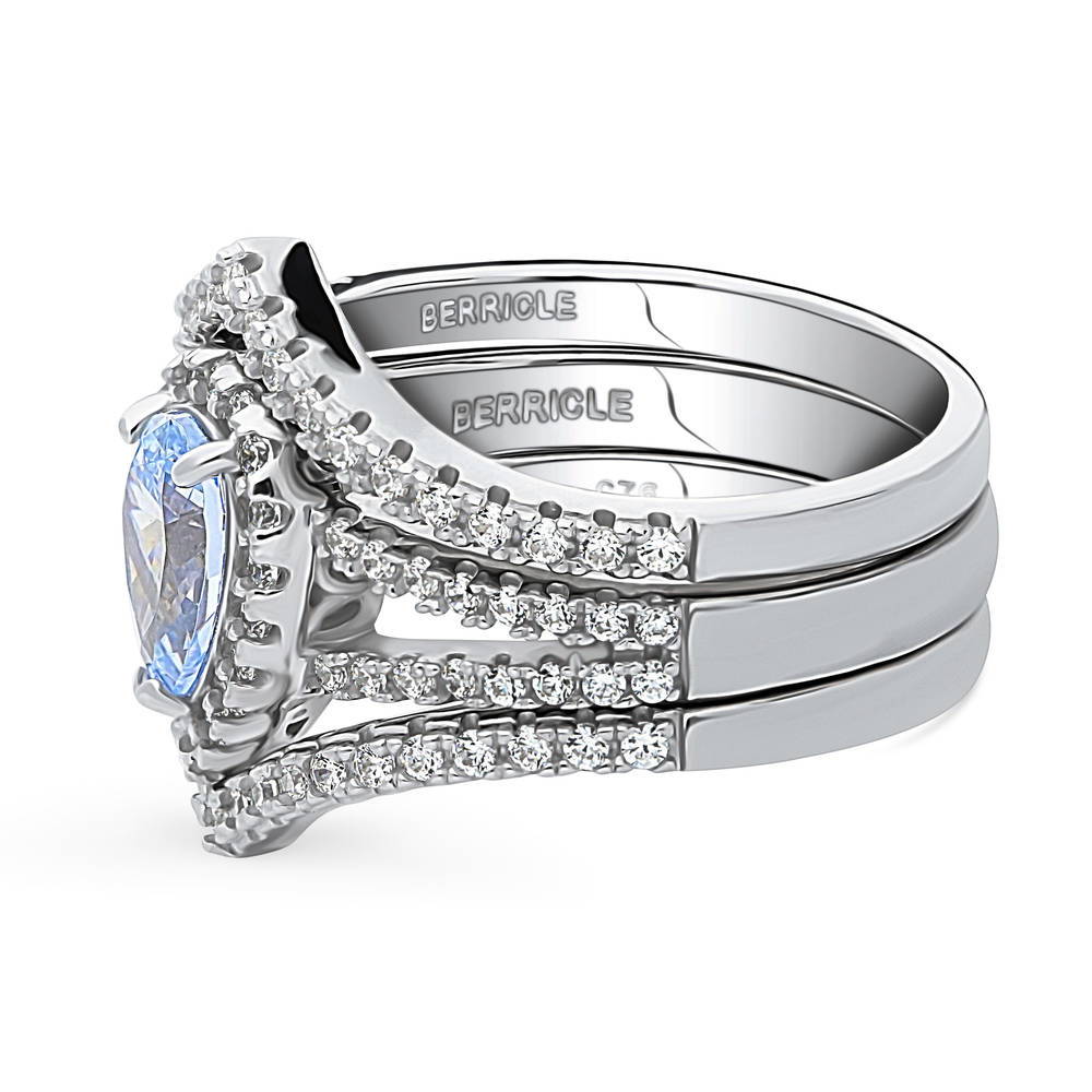 Angle view of Halo Wishbone Blue CZ Split Shank Ring Set in Sterling Silver, 5 of 12