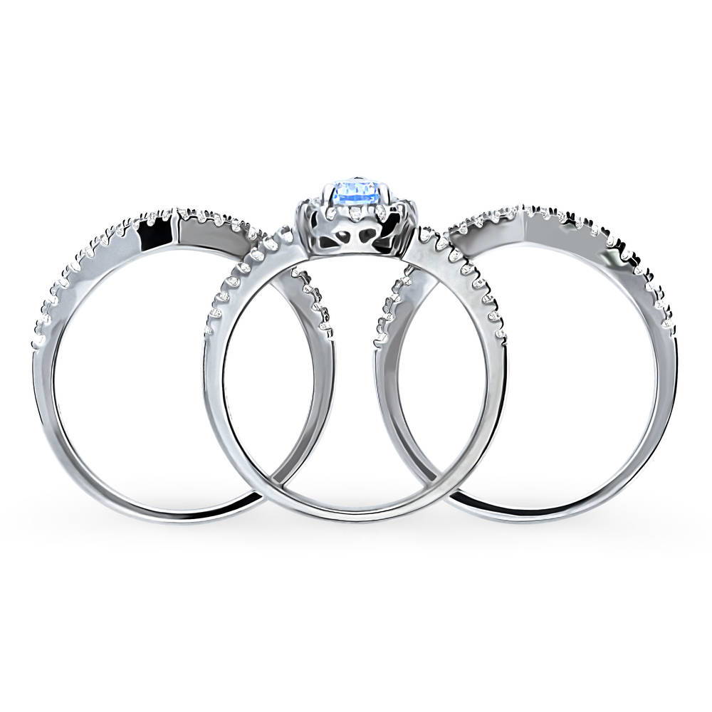 Alternate view of Halo Wishbone Blue CZ Split Shank Ring Set in Sterling Silver, 8 of 12