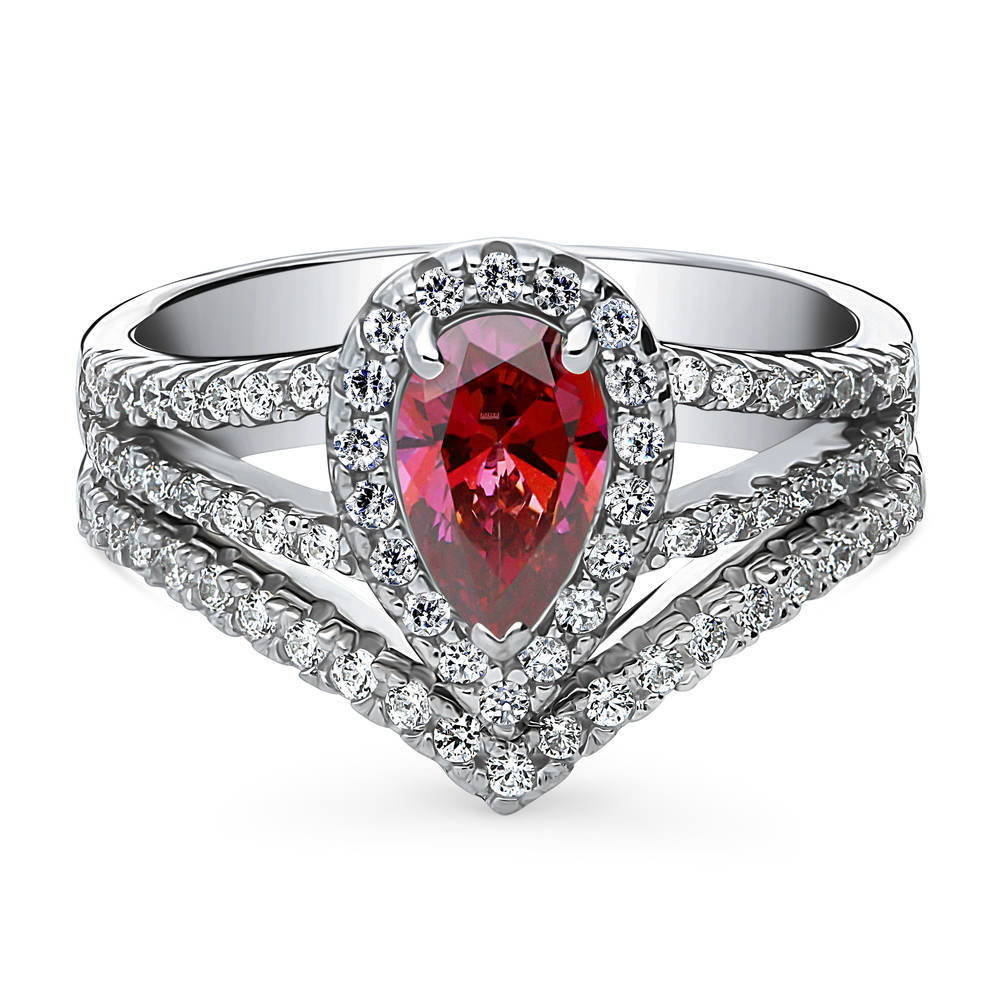 Halo Wishbone Red Pear CZ Split Shank Ring Set in Sterling Silver, 1 of 16