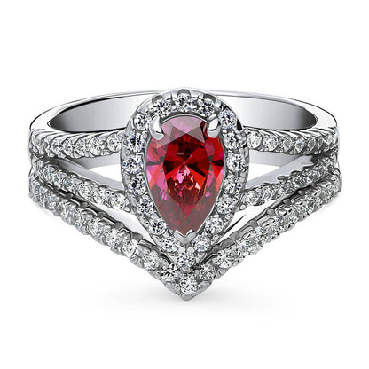 Halo Wishbone Red Pear CZ Split Shank Ring Set in Sterling Silver
