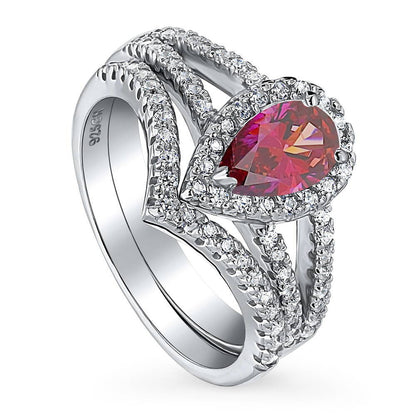 Halo Wishbone Red Pear CZ Split Shank Ring Set in Sterling Silver