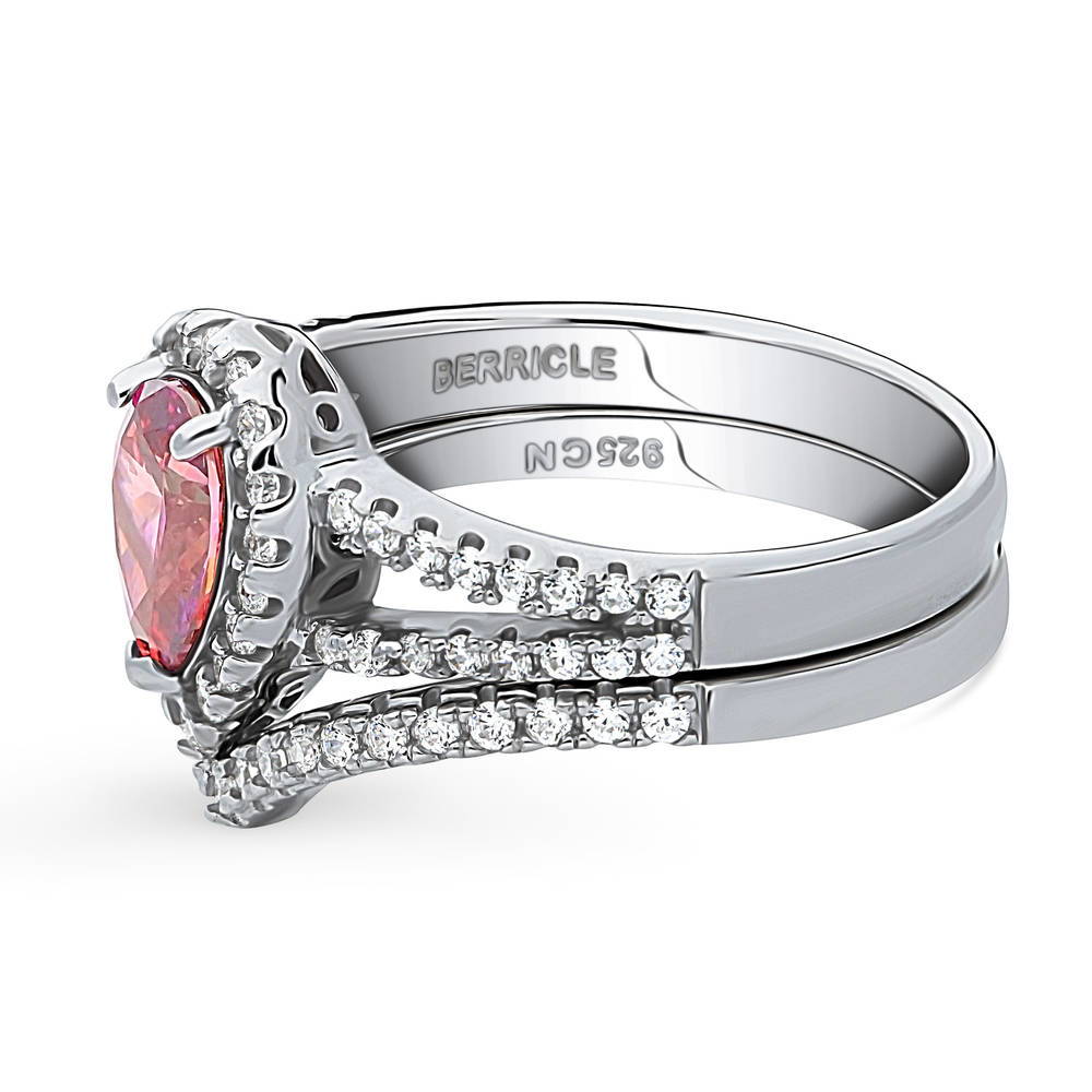 Angle view of Halo Wishbone Red Pear CZ Split Shank Ring Set in Sterling Silver, 5 of 16