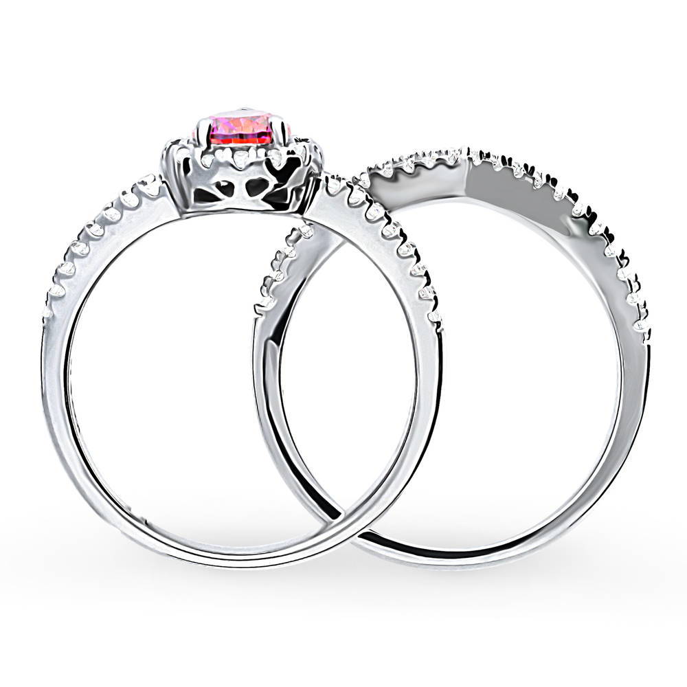 Halo Wishbone Red Pear CZ Split Shank Ring Set in Sterling Silver