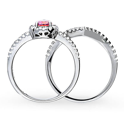 Halo Wishbone Red Pear CZ Split Shank Ring Set in Sterling Silver