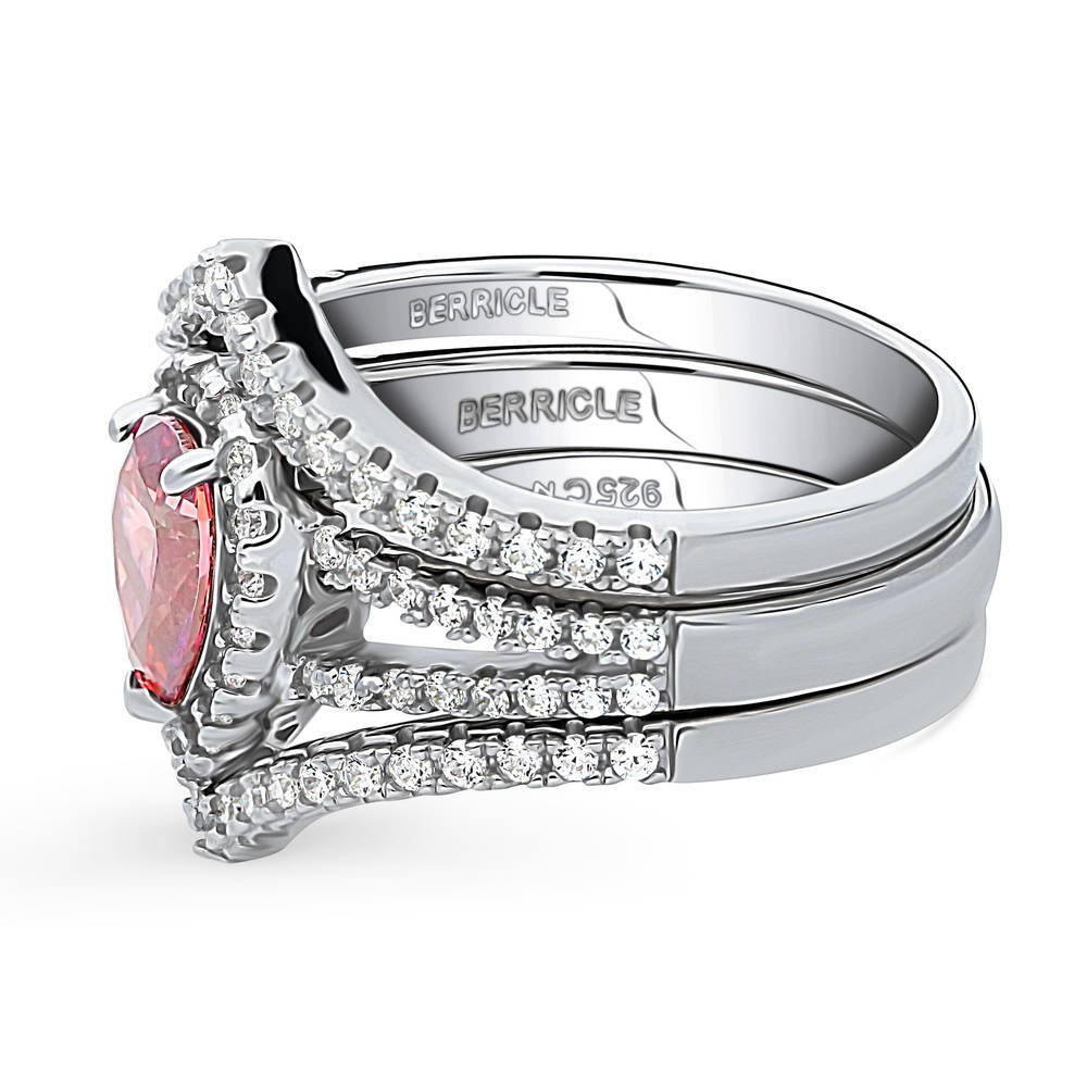 Angle view of Halo Wishbone Red Pear CZ Split Shank Ring Set in Sterling Silver, 5 of 16