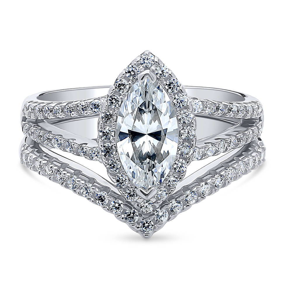 Halo Marquise CZ Split Shank Ring Set in Sterling Silver, 1 of 11